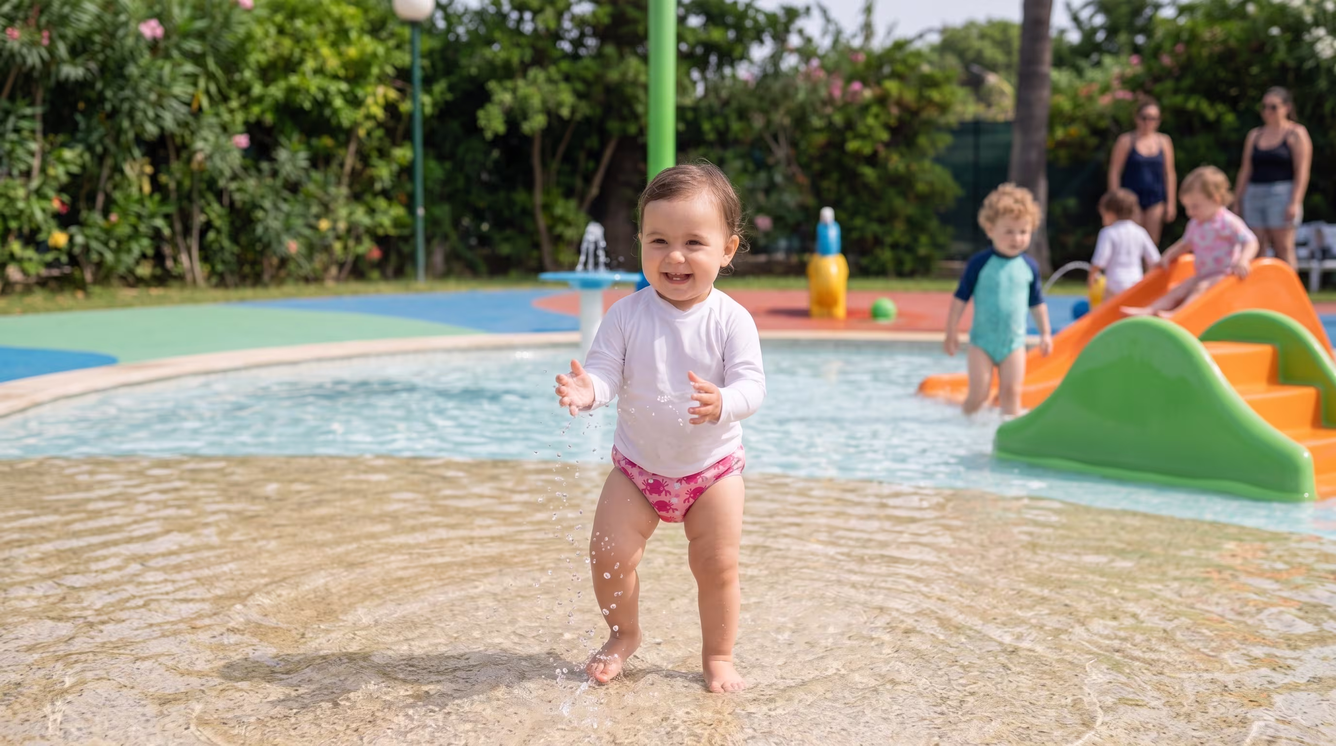 Bebê na praia brincando na areia à beira-mar com proteção solar