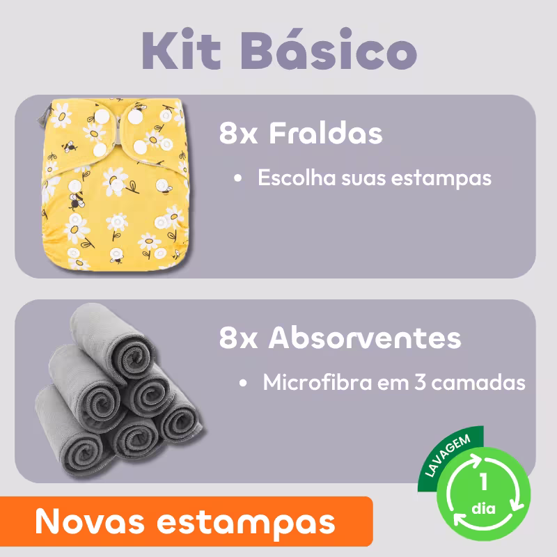 Kit Básico - 8 Fraldas Elinfant + 8 Absorventes Microfibra