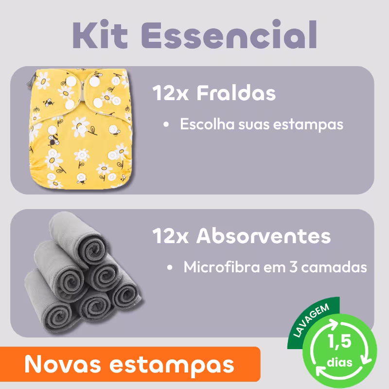 Kit Essencial - 12 Fraldas Elinfant + 12 Abs Microfibra